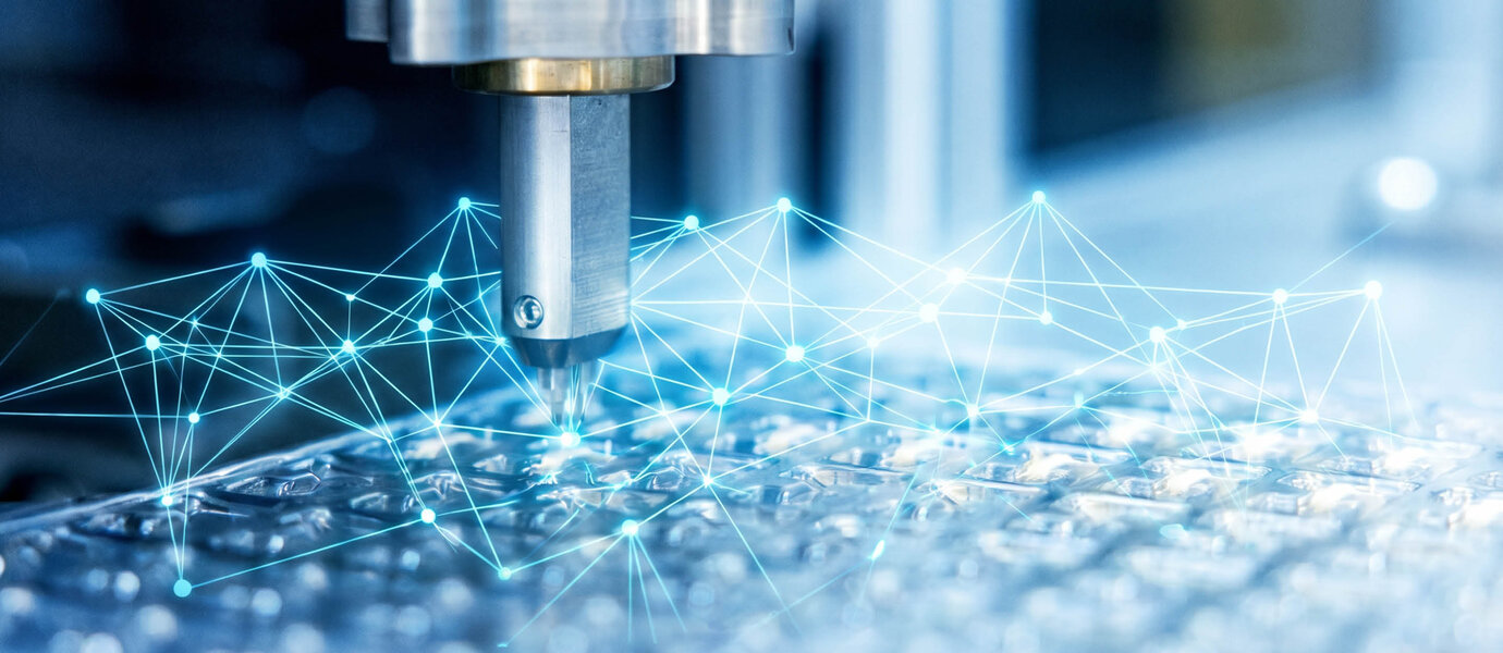 Nahaufnahme eines hochpräzisen Fertigungsprozesses mit digital vernetzten Lichtlinien über einer Metalloberfläche. Das Bild visualisiert industrielle Innovation sowie Zusammenarbeit und steht für Zugehörigkeit zu Verbänden und branchenspezifische Mitgliedschaften.