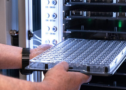 Nahaufnahme von Händen, die ein Blistertray mit zahlreichen kleinen Aussparungen in ein Lager- oder Trocknungssystem einschieben. Die Szene zeigt einen präzisen Produktions- oder Verpackungsschritt in einem industriellen Umfeld.