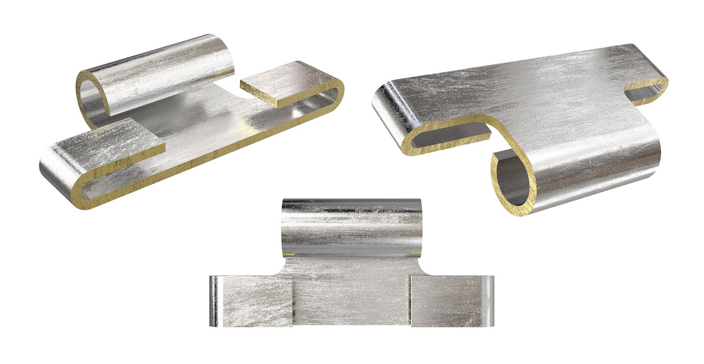 Spezial-Kontaktbrücke aus Metall für Studioleuchten, entwickelt als stromleitende Verbindung mit federnden Anschlüssen.