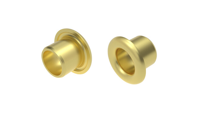 Zwei goldfarbene Rohrnieten in 3D-Darstellung auf weißem Hintergrund. Die hohlen Nieten verfügen über einen breiten Flansch und sind zur Verbindung von Materialien oder als Lagerkomponenten in technischen Anwendungen gedacht.