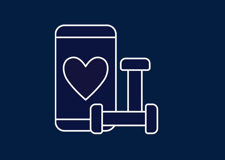 Symbolgrafik mit Smartphone, Herzsymbol und zwei Hanteln vor dunkelblauem Hintergrund. Die Illustration steht für gesundheitsbezogene Fringe Benefits im Personalwesen wie Fitnessangebote, Sportabos oder digitale Gesundheitsservices für Mitarbeitende.