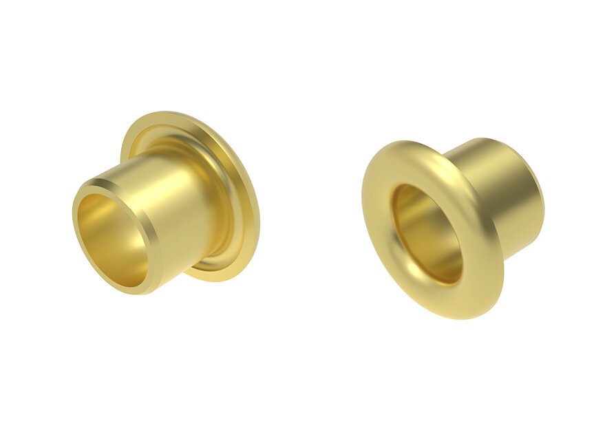 Zwei goldfarbene Rohrnieten aus Metall, zylindrisch geformt mit breitem Bundrand, dargestellt in schräger Perspektive zur Veranschaulichung von Innenbohrung und Außenkontur.
