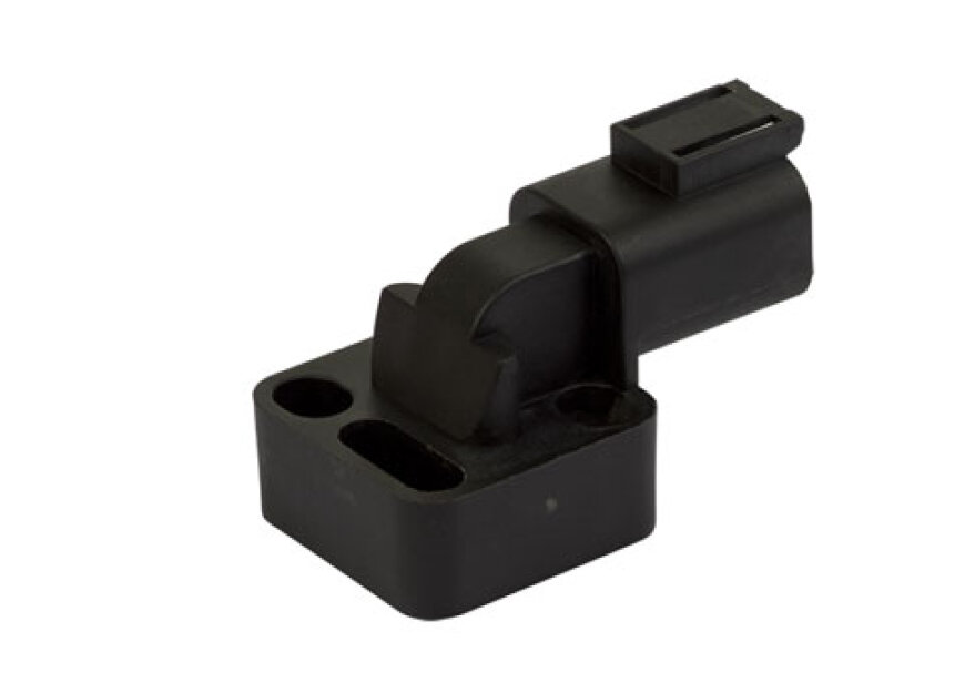 Schwarzer Kunststoffstecker zur Verbindung mit einem Hydraulikventil, mit rechteckiger Gehäuseform, zwei Befestigungslöchern und integriertem Steckanschluss für elektrische Verbindung.