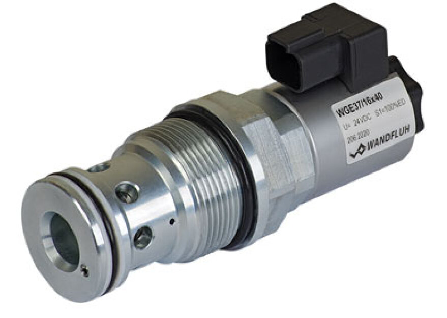 Zylindrisches Hydraulikventil mit Außengewinde und elektrischem Spezialstecker am oberen Ende, mit Herstelleretikett von Wandfluh. Das silberne Metallgehäuse weist präzise Bearbeitungen und Bohrungen auf, typisch für den Einsatz in hydraulischen Steuerungssystemen.