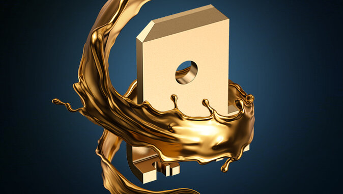 Digitally rendered component made of gold-coloured metal with a hole in the centre, surrounded by a dynamic, swirling liquid with a gold look. The motif floats in front of a dark blue background and looks high-quality and stylised.